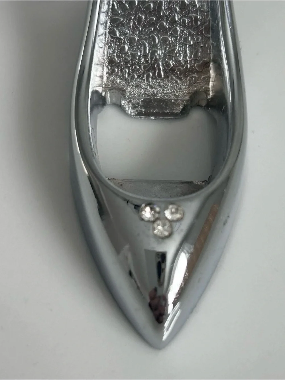 VNTG Silver Tone High Heel Shoe Bottle Opener Rhinestone Accents Cinderella Gift